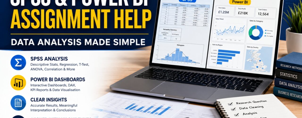 SPSS and Power BI assignment help dashboard showing statistical analysis, data visualisation, research findings, and business intelligence reporting