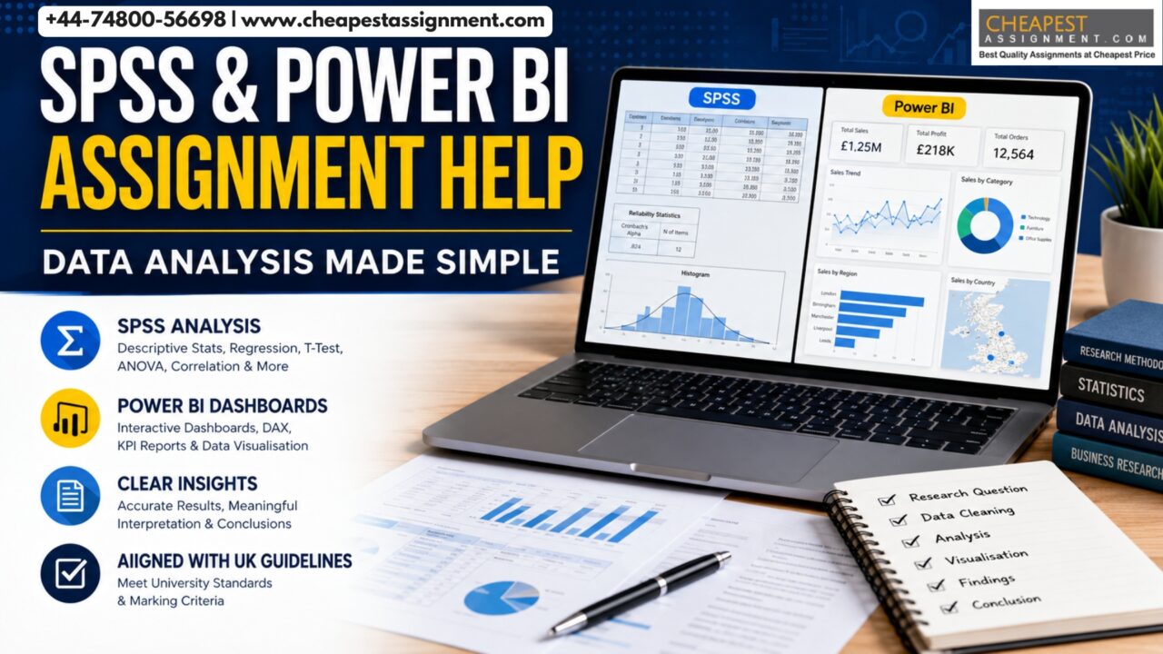 SPSS and Power BI assignment help dashboard showing statistical analysis, data visualisation, research findings, and business intelligence reporting