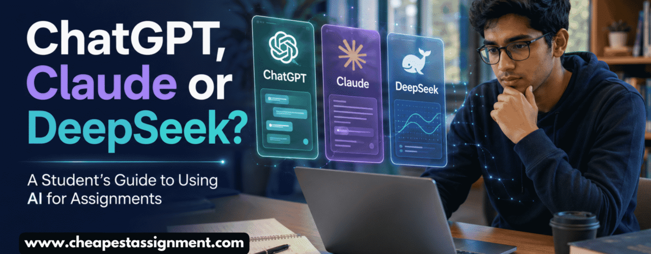 Student comparing ChatGPT, Claude and DeepSeek for academic assignments