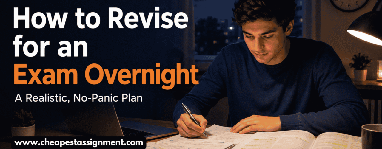 Student reviewing notes and flashcards at a desk late at night before an exam