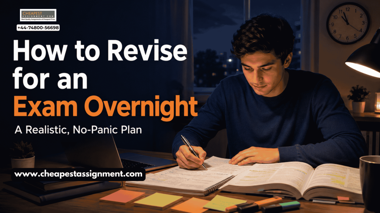 Student reviewing notes and flashcards at a desk late at night before an exam
